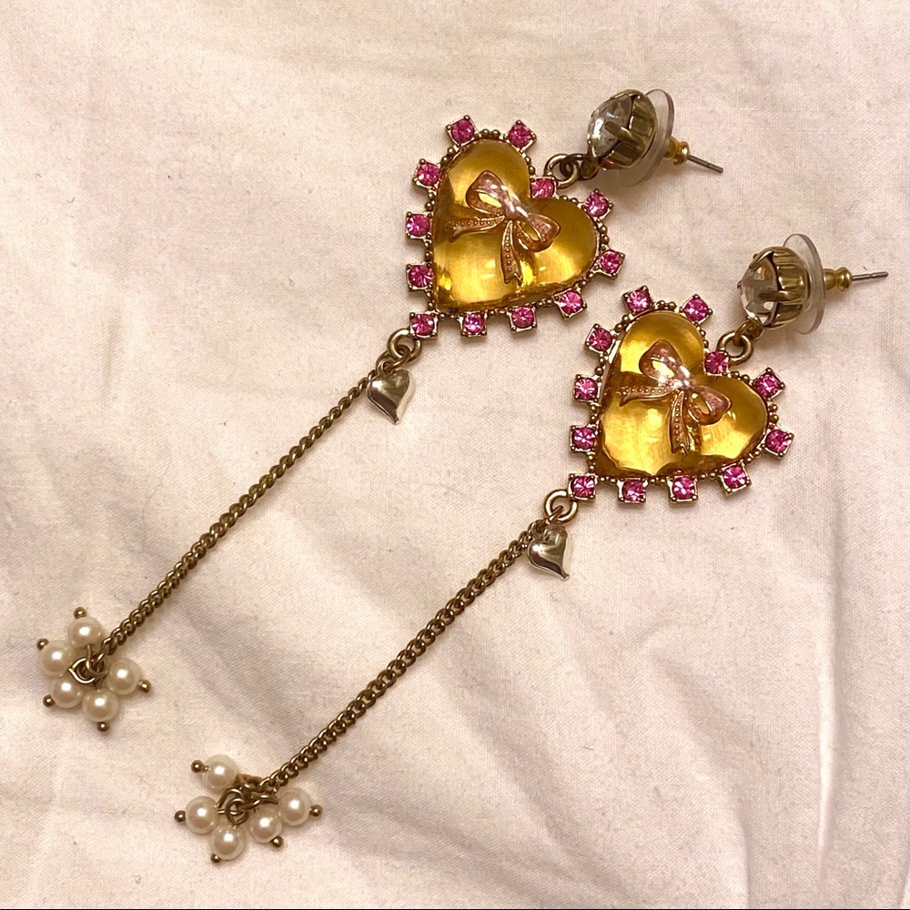 BETSEY JOHNSON - Ice Princess Gold Lucite With Pink Crystals Dangle Earrings